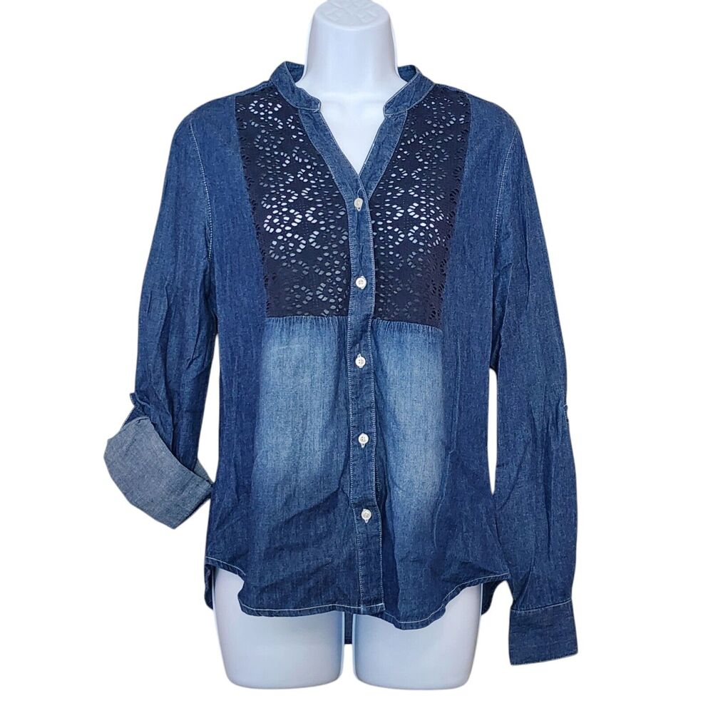 Color Fx Women's Denim Top - Blue, Split Neck - Size S